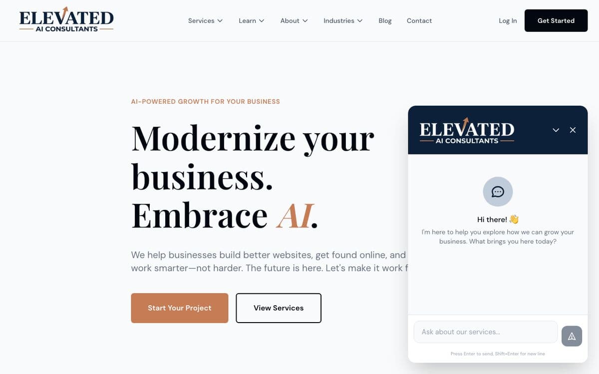 EAC AI chatbot widget open on elevatedaiconsulting.com, showing the greeting message and chat input