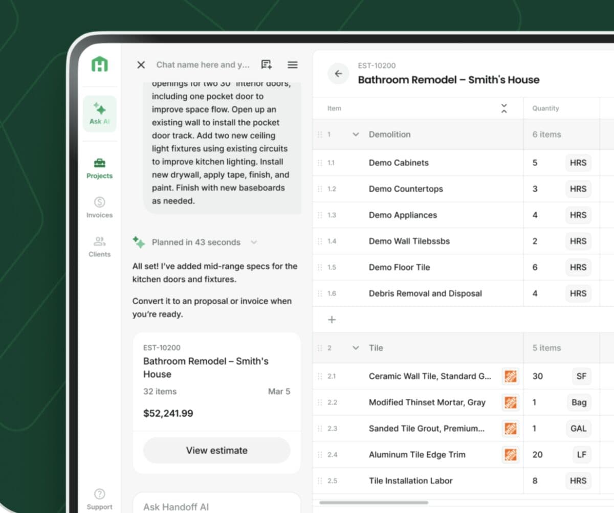 Handoff AI estimate generation interface showing real-time contractor pricing