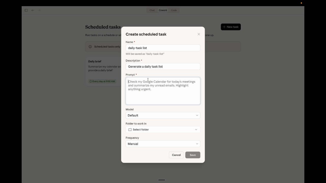 Create scheduled task modal in Claude Cowork showing fields for name, description, prompt, model selection, working folder, and frequency