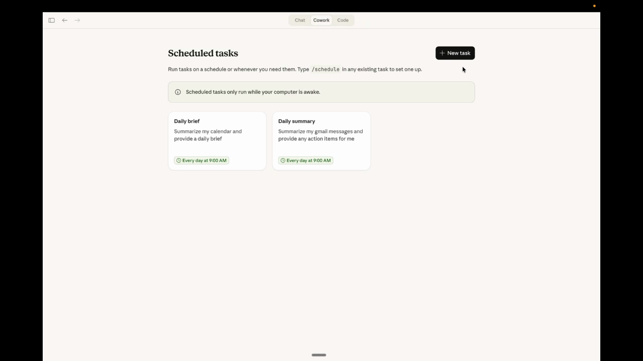 Claude Cowork Scheduled Tasks page showing two active tasks — Daily brief and Daily summary — each set to run every day at 9:00 AM