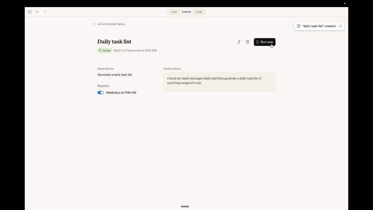 Scheduled task detail view showing Daily task list as Active, next run tomorrow at 9:00 AM, with Run now button, description, instructions, and Weekdays repeat schedule